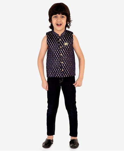 Lil Peacock Sleeveless Chanderi Gold Print Jacket - Blue