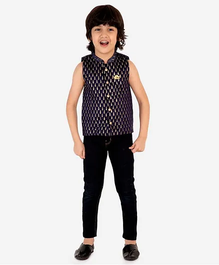 Lil Peacock Sleeveless Chanderi Gold Print Jacket - Blue
