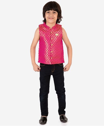 Lil Peacock Sleeveless Leaf Brocade Jacket - Fucshia