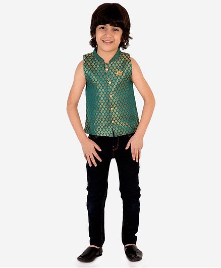 Lil Peacock Sleeveless Leaf Brocade Jacket - Green