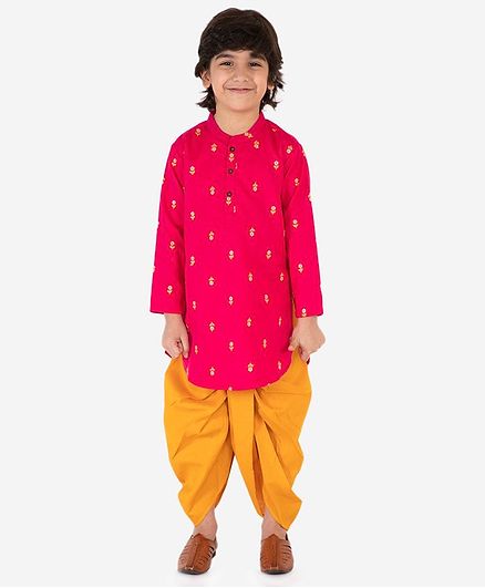 Lil Peacock Full Sleeves Flower Embroidered Kurta With Dhoti Set - Pink