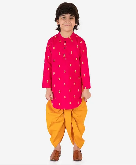 Lil Peacock Full Sleeves Flower Embroidered Kurta With Dhoti Set - Pink