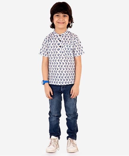 Lil Peacock Half Sleeves Flower Motif Printed Kurta - Blue