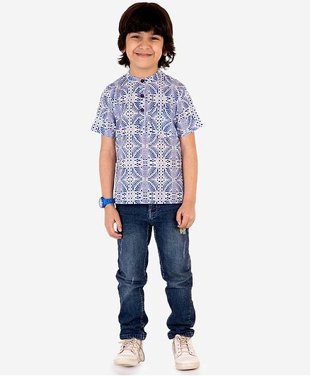 Lil Peacock Half Sleeves Printed Kurta - Blue