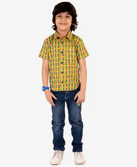 Lil Peacock Half Sleeves Lotus Printed Shirt - Green
