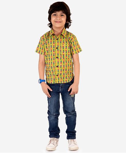 Lil Peacock Half Sleeves Lotus Printed Shirt - Green