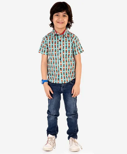 Lil Peacock Half Sleeves Lotus Print Shirt - Blue