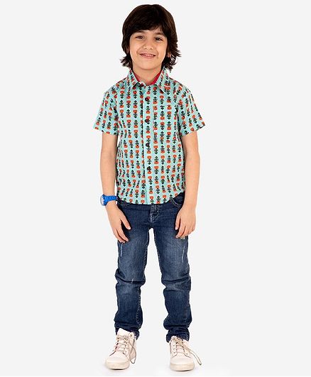 Lil Peacock Half Sleeves Lotus Print Shirt - Blue