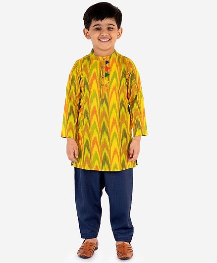 Lil Peacock Full Sleeves Ikat Kurta With Pyjama Set - Yellow
