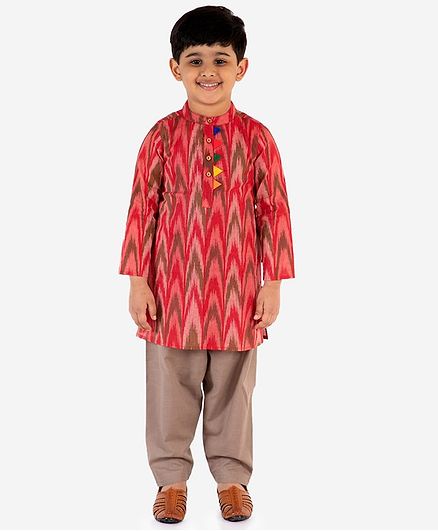 Lil Peacock Full Sleeves Ikat Kurta With Pyjama Set - Red