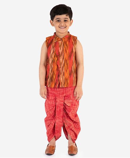 Lil Peacock Sleeveless Printed Jacket With Dhoti - Orange