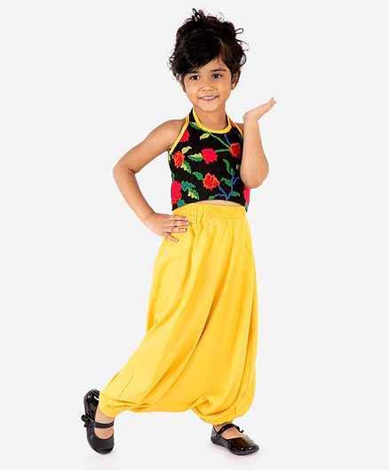 Lil Peacock Sleeveless Floral Print Top With Harem Pants - Yellow
