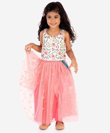 Lil Peacock Sleeveless Floral Embroidered Top With Sequined Skirt - Off White & Pink