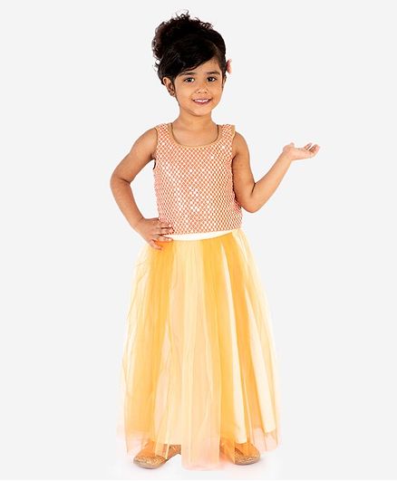 Lil Peacock Sleeveless Sequined Top With Skirt - Peach