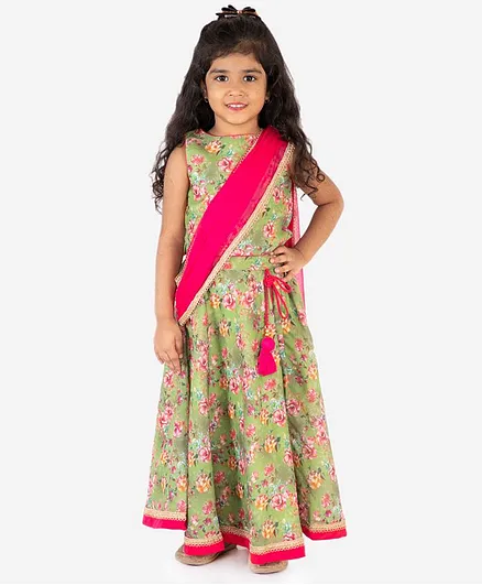 Lil Peacock Sleeveless Floral Print Choli With Chanderi Lehenga & Dupatta - Green