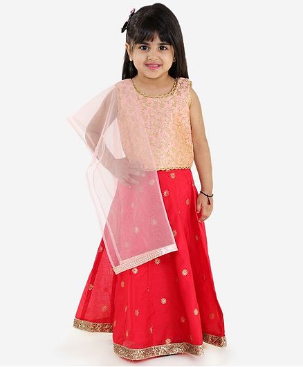 Lil Peacock Sleeveless Floral Embroidered Choli With Lehenga & Dupatta - Peach & Red