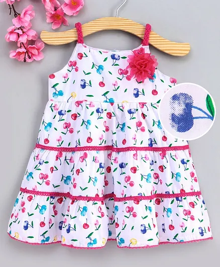 Babyhug Sleeveless Frock Cherry Print - White