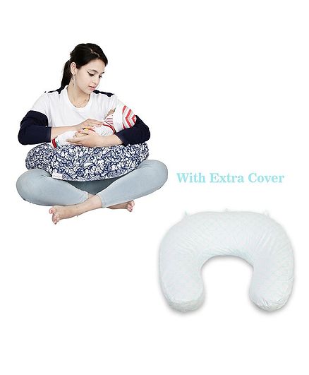 Lulamom Nursing Pillow with Cotton Cover Rose Print - Navy Blue