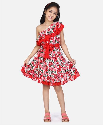 Lilpicks Couture Short Sleeves Floral Print One Shoulder Dress - Red