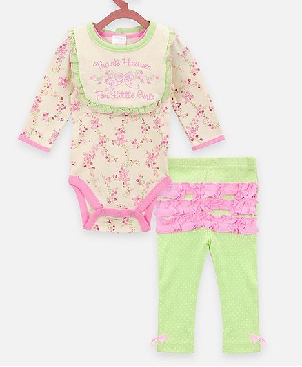 Lilpicks Couture Full Sleeves Flower Print Onesie With Legging - Pink & Green