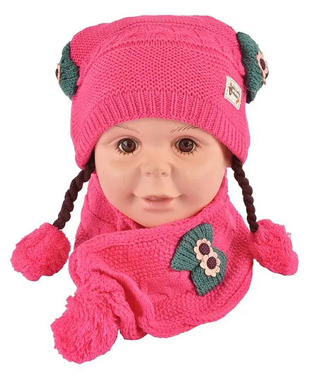 Yellow Bee Braids Detailing Cap & Muffler Set - Pink
