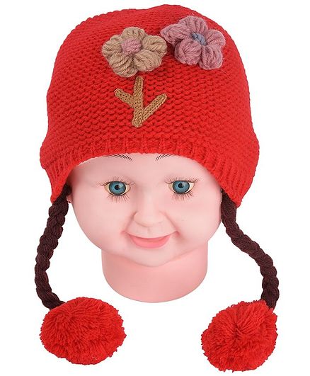 Yellow Bee Flower Embroidered Detailing Cap - Red
