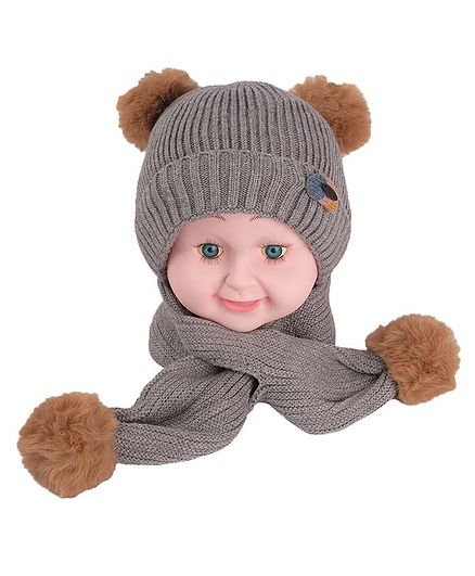 Yellow Bee Pom Pom Detailing Cap & Scarf Set - Grey