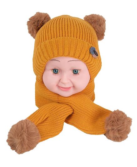 Yellow Bee Pom Pom Detailing Cap & Scarf Set - Yellow