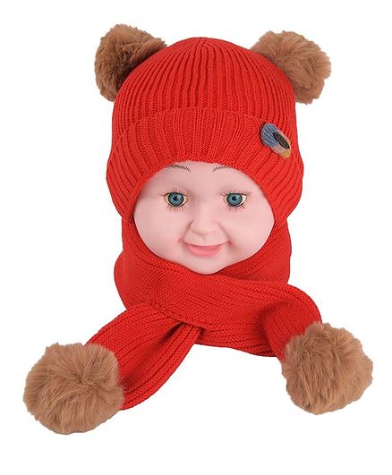 Yellow Bee Pom Pom Detailing Cap & Scarf Set - Red