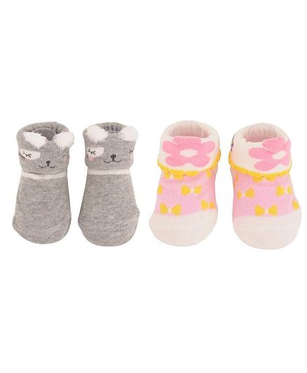 Yellow Bee Pack Of 2 Pair Of Puppy & Flower Design Socks - Grey & Pink