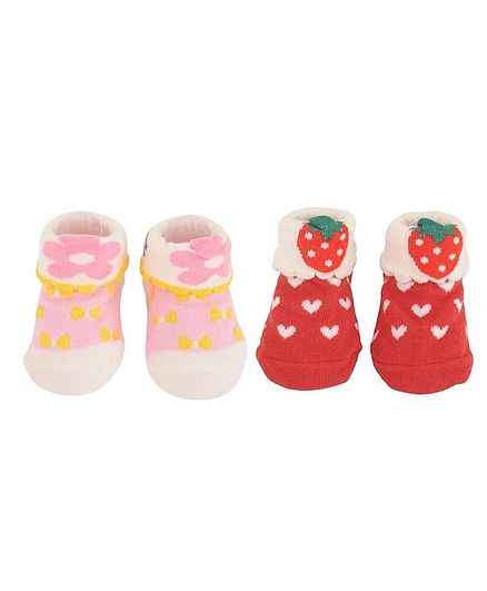 Yellow Bee Pack Of 2 Pair Of Flower & Strawberry Design Socks - Pink & Red