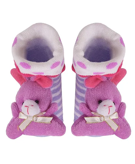 Yellow Bee Anti-Skid Stuffed Bear Socks with Bow - Purple