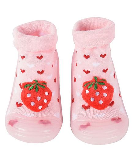 Yellow Bee Strawberry Design Quarter Length Anti Slip Sock Shoes - Pink