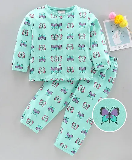 Wonderchild Full Sleeves Butterfly Print Night Suit - Mint Green