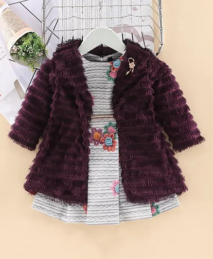 Enfance Full Sleeves Long Jacket With Floral Embroidered Dress & Belt - Wine