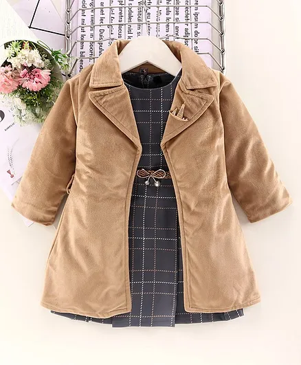 Enfance Full Sleeves Long Jacket With Checked Dress & Belt - Khaki