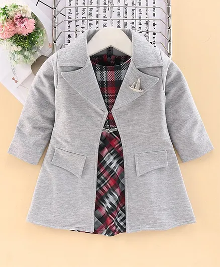 Enfance Full Sleeves Long Jacket With Checked Dress & Belt - Grey