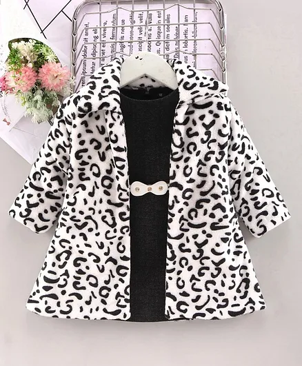 Enfance Sleeveless Dress With Full Sleeves Leopard Print Jacket - White