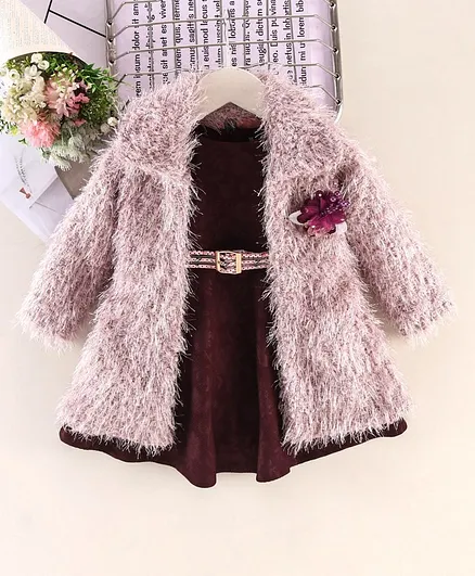 Enfance Self Printed Dress With Fur Full Sleeves Long Jacket - Pink