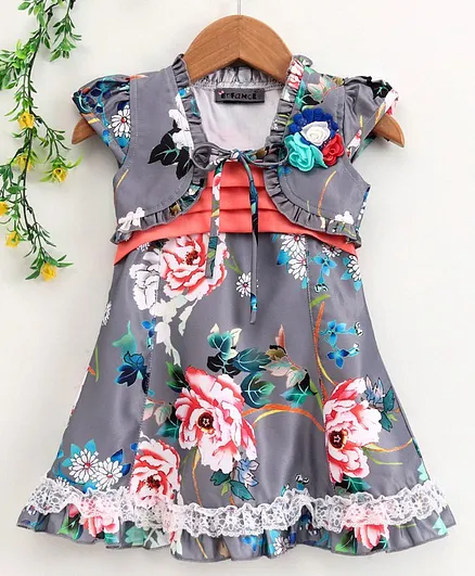 Enfance Floral Print Dress With Short Sleeves Shrug - Peach