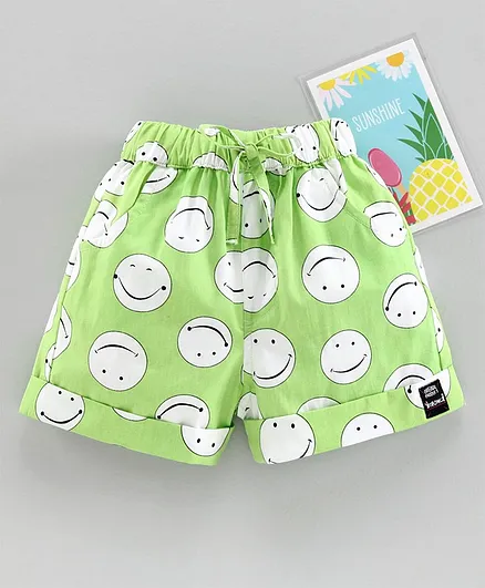 Enfance Core Smiley Printed Shorts With Pocket & Draw Cord Waist - Green