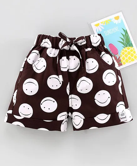 Enfance Core Smiley Printed Shorts With Pocket & Draw Cord Waist - Brown