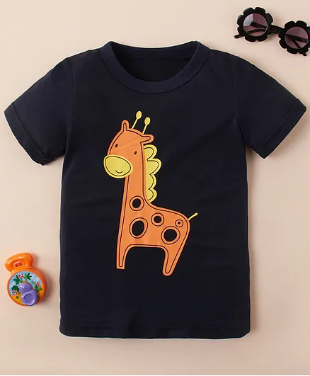 Kookie Kids Half Sleeves Tee Giraffe Print - Navy Blue