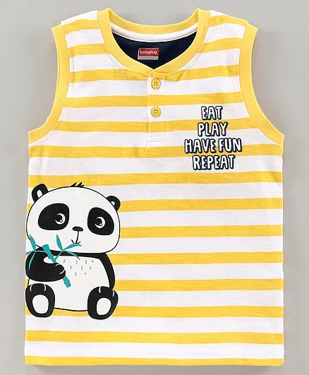 Babyhug Sleeveless Striped Biowashed Tee Panda Print - Yellow