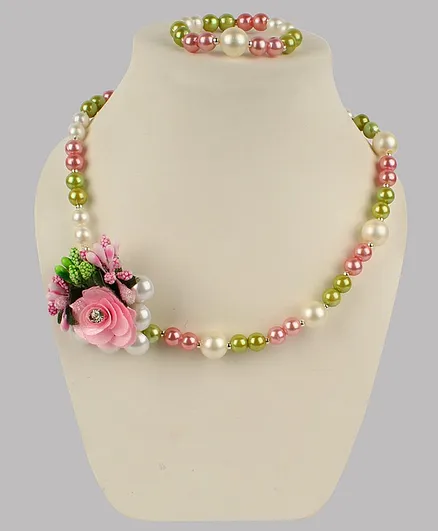 Daizy Rose & Pearl Detailed Necklace With Bracelet - Pink