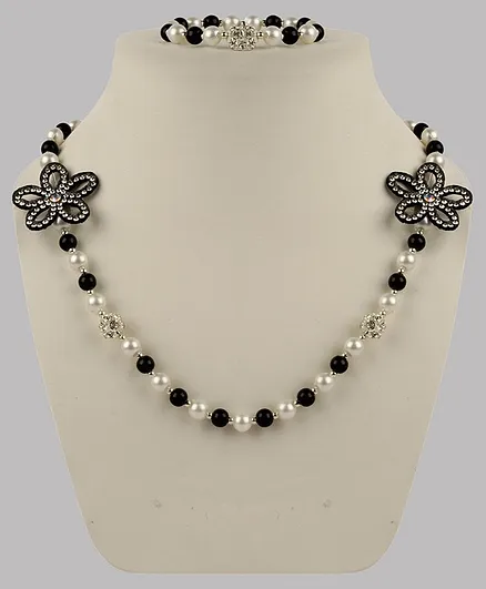 Daizy Necklace Braclet Set With Sparkling Flowers - Black & White
