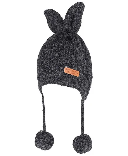 Tiekart Bunny Ear Applique Pom Pom Detailing Cap - Black