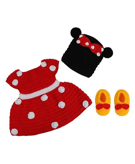 Tiekart Knits Short Sleeves Polka Dotted Dress With Cap & Booties - Red