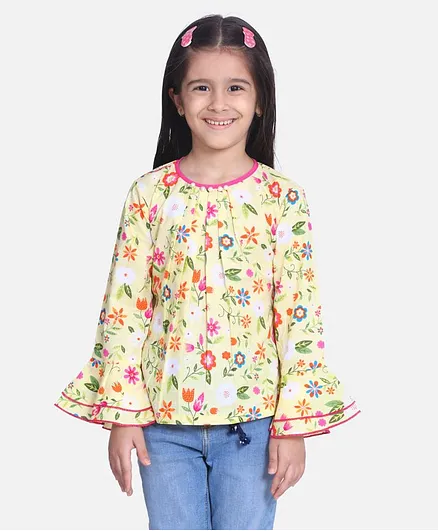 Cutiekins Bell Full Sleeves Floral Print Top - Yellow & Pink