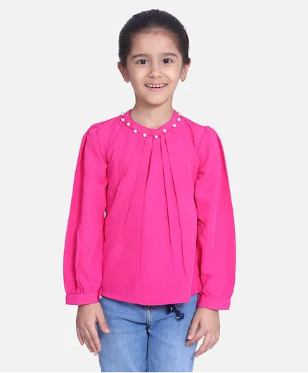 Cutiekins Full Sleeves Pearl Neckline Detailing Top - Pink